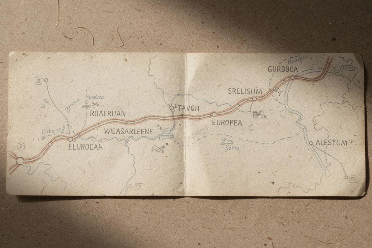 Cropped line-map fragment of a Central European rail route linking Kyiv, Lviv and Krakow